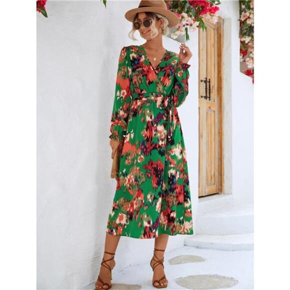 Printed Surplice Long Sleeve Midi Dress - Picture 4 of 11